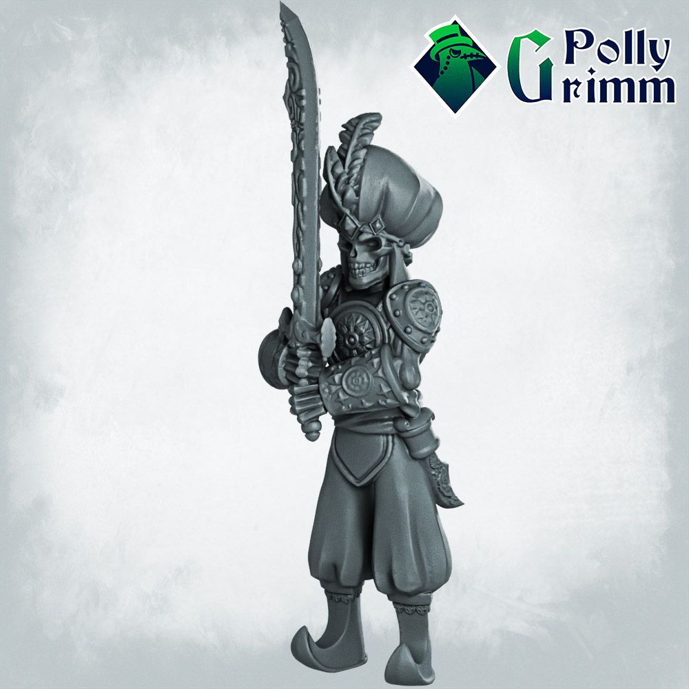 Fantasy and historic miniatures for tabletop games. Arabian Nightmare. Skeleton army. Soldier with two-handed scimitar